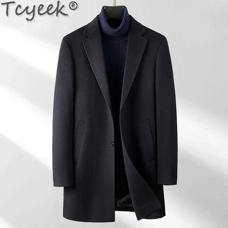 Tcyeek Mens 100 Cashmere Coat Mid-long Spring Fall Coats Business Suit Collar Woolen Jacket Man Clothing Veste Homme M251208