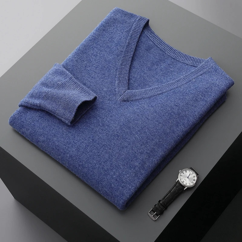 Autumn And Winter Mens V-Neck Cashmere Loose Thickened Solid Color Wool Knitted Bottoming Shirt Business Casual Sweater 251205
