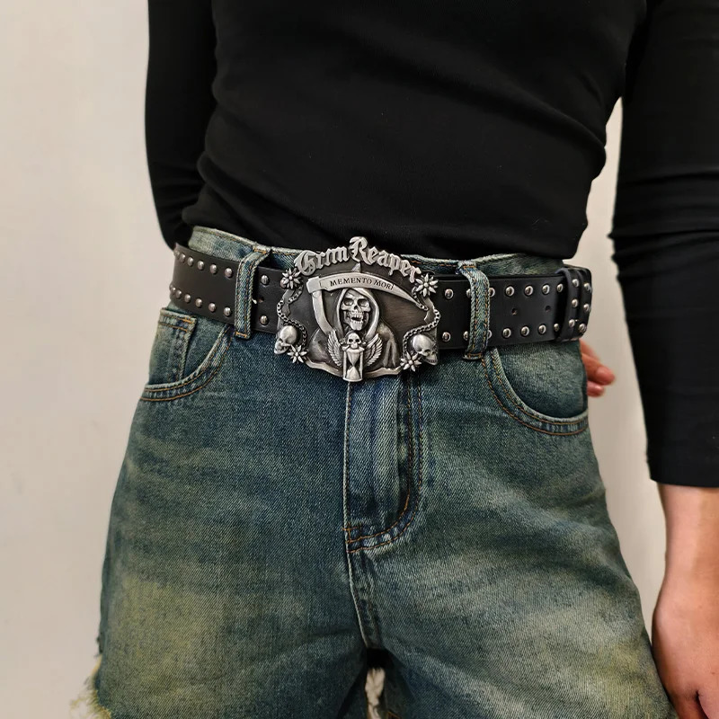Cintura in pelle Grim Reaper Pu per uomo e donna Cintura da cowboy occidentale vintage taglie forti Cintura per jeans incrociati Accessori gotici ma