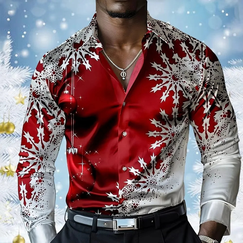 Christmas Mens Snowflake Mens Christmas Scene 3D Printed Formal Shirts Snowflake Casual Fashion Lapel Long Sleeve Men Shirt 251205