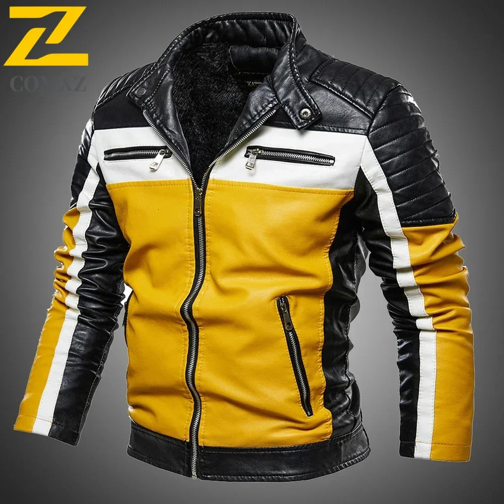 Men Yellow PU Leather Jacket Patchwork Biker Jackets Casual Zipper Coat Male Motorcycle Jacket Slim Fit Fur Lined Outwear Coat 251205BJ