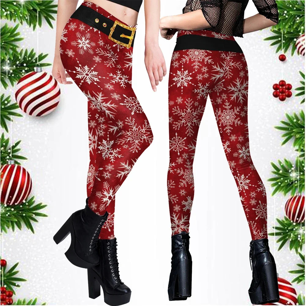 Halloween Red Leggings Womens Belt Mid Waisted Workout Christmas Elk Snowflakes 3D Printing Leggins Printed Fitness Leggings 251204
