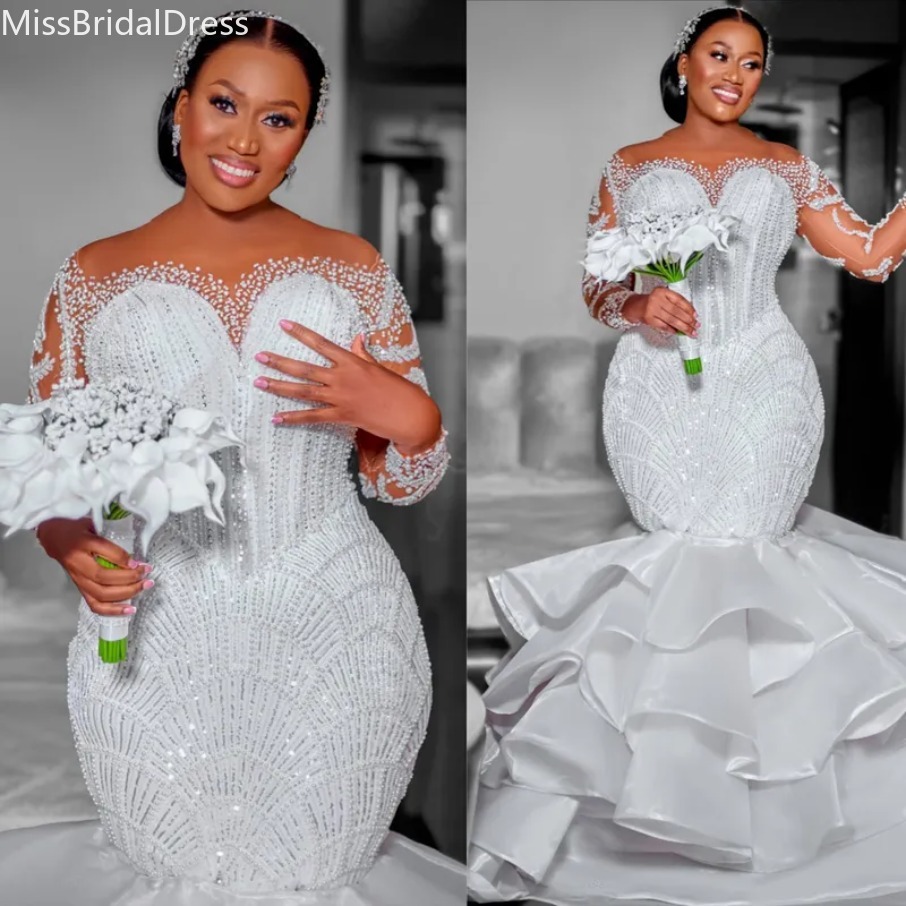2026 Plus Size African Wedding Dress Bridal Gowns For Bride Mermaid Illusion Sheer Neck Long Sleeves Appliqued Beaded Lace Tiers Crystals 1208 New