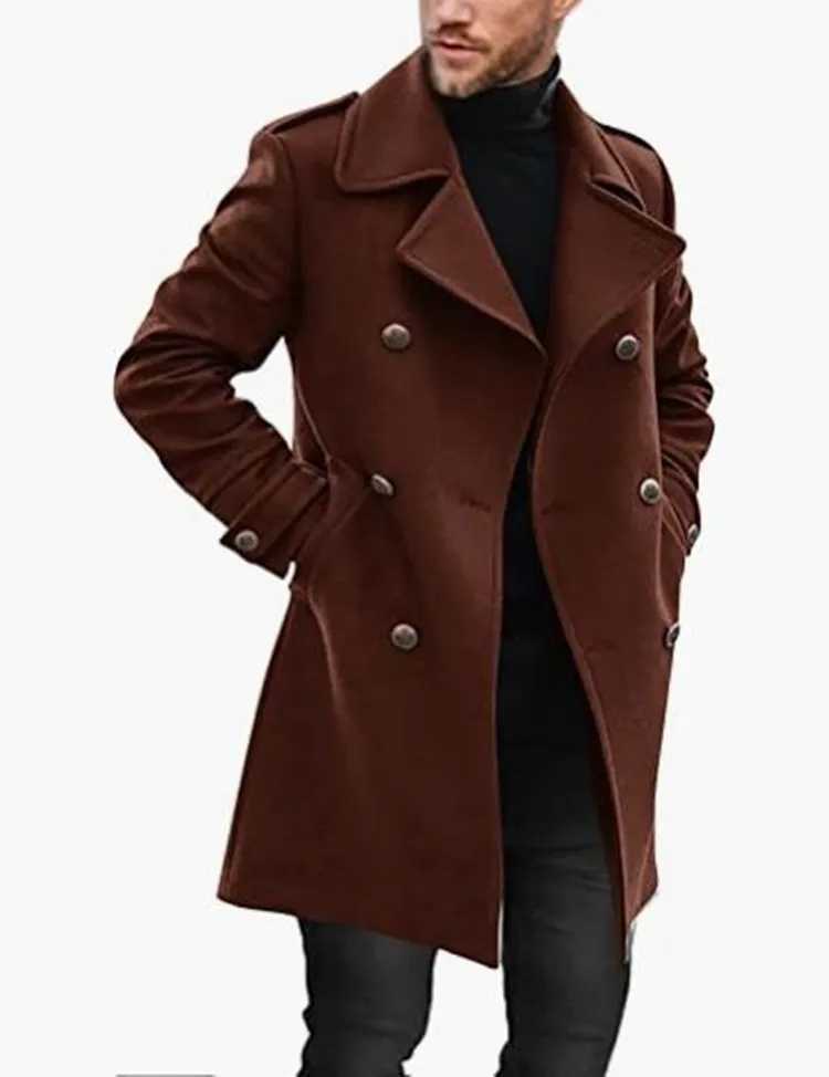 New Mens Woolen Coats Lapel Long Coat Jackets Double-breasted Solid Color Overcoat Autumn Winter Thick Long Trench Coat Outwear M251208