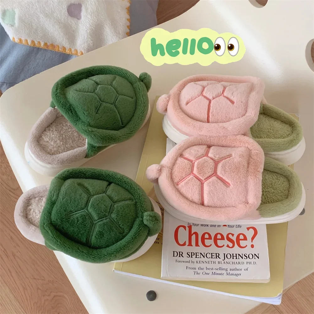 Women Cute Turtle Slippers Fluffy Furry Soft Bottom Slippers Female Winter Plush Slides Indoor Fuzzy Slippers Lovely Cotton Shoe 251204
