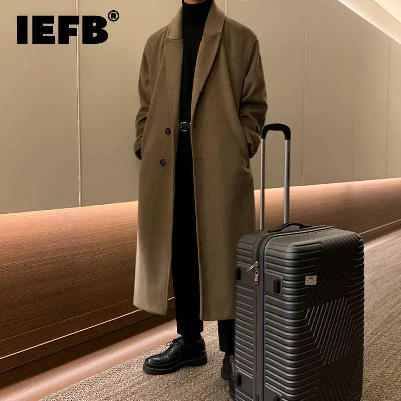 IEFB THiCKened Male Woolen Coat Korean New CHIc Mens Overcoat Turn-down Collar Single Breasted Solid Color Belt Outwear M251208