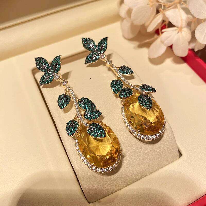 Bilincolor Fashion Golden Leaf And Pink Cubic Zircon Vintage Luxury Drop Earring For Women Wedding Jewelry
