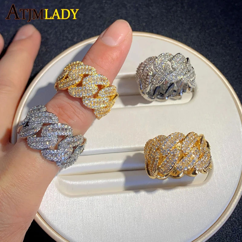 High Quality Miami Cuban Link Chain Mens Ring Gold Color Iced Out Full Cubic Zircon Hip Hop Fashion CZ Rock Jewelry251201
