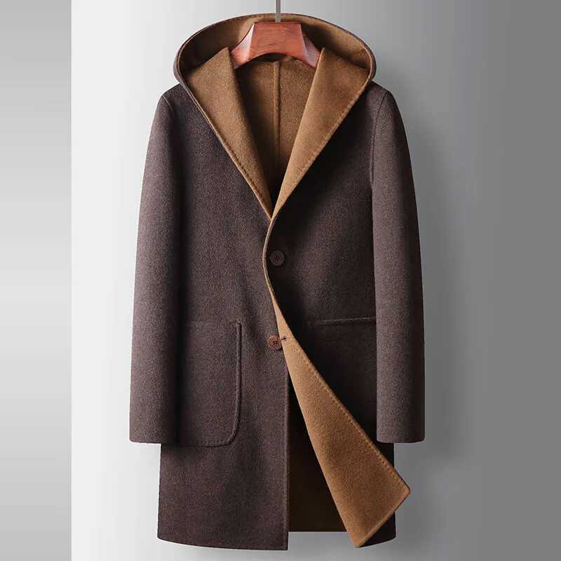 2025 Winter New Mens Hooded Woolen Coat Long Thick Warm Business and Leisure Coat High end Fabric 55 Pure Wool M251208