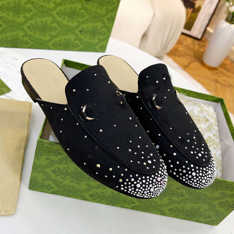 Designer mules womens rhinestone slippers luxury crystal embellished mules designer woman slip-on shoes leather slip-on flats With Box Size 35-42