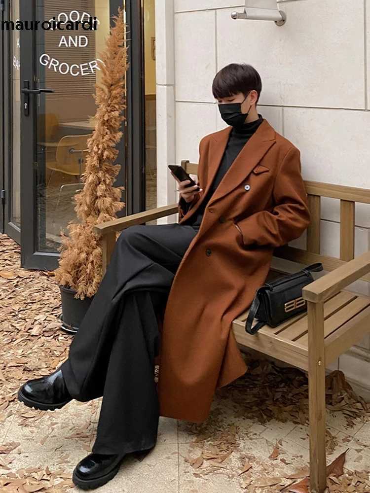 Mauroicardi Autumn Winter Long Warm Coffee Black Soft Woolen Coat Men Double Breasted Loose Casual Wool Blends Overcoat 2023 M251208