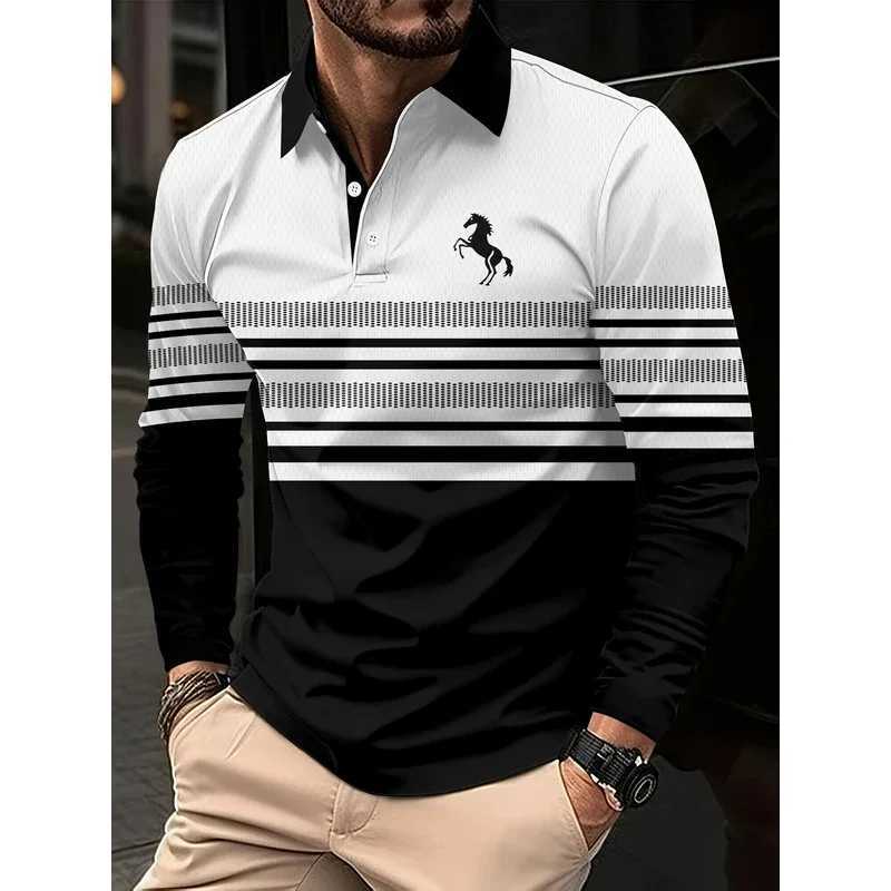 Polo graphic horizontal striped mens autumn and winter long-sleeved shirt Polo sports casual daily use 3d printed breathable bu W251208