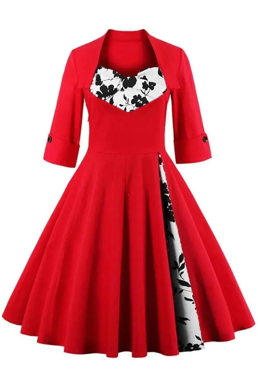 Abito a trapezio rosso stile vintage con corpetto stampato floreale maniche a 3/4, abito da festa retrò color block da donna con polsino con bottoni