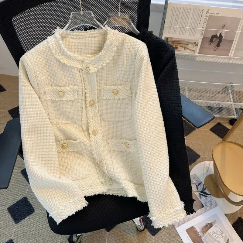 Designer Women's Jackets White Tweed Short Jacket Women Fashion Elegant O-Neck Single Breasted High-End Coat Fall Winter Warm Office Lady Casua