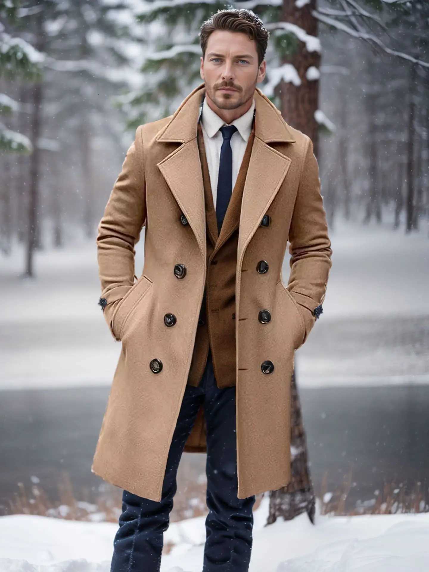 Men Double Breasted Trench Coat Wool Blend 2024 Autumn Winter Solid Casual Slim Fit Long Jacket Wool Coat Fashion Male Clothing M251208