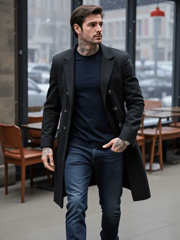 Elegant Mens Solid Jacket Woolen Double-Breasted Coat with Thickened Lining - Winter Business Casual Perfect Fit Trench M251208