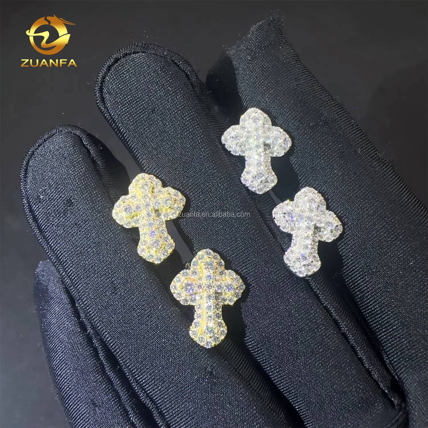 New Arrivals Bulk Stock Drop Shipping Iced Out Hip Hop Sterling Silver 925 Screw Back Moissanite Diamond Cross Stud Earrings