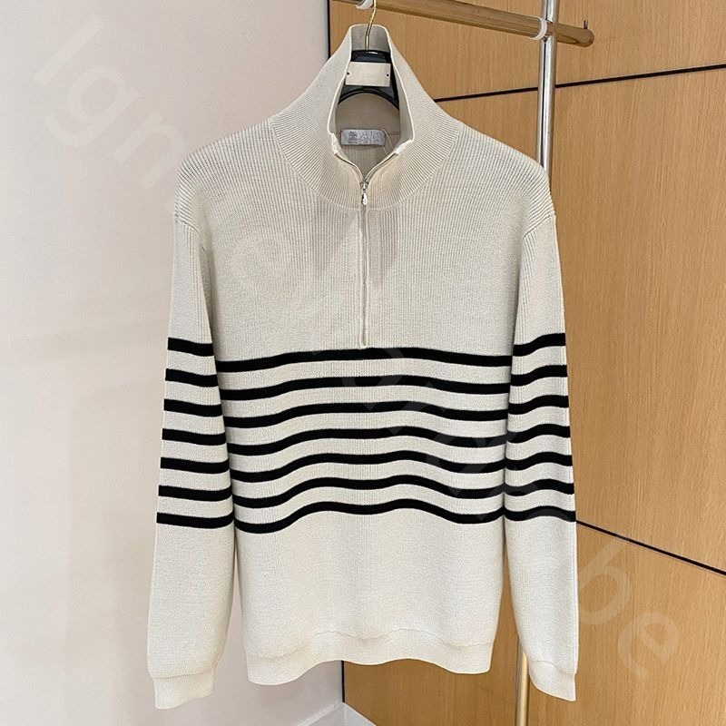 Quiet Luxury Designer Autumn and Winter Half Zipper Turtleneck Knitted Sweater Striped Sweater Coats for Male B1289