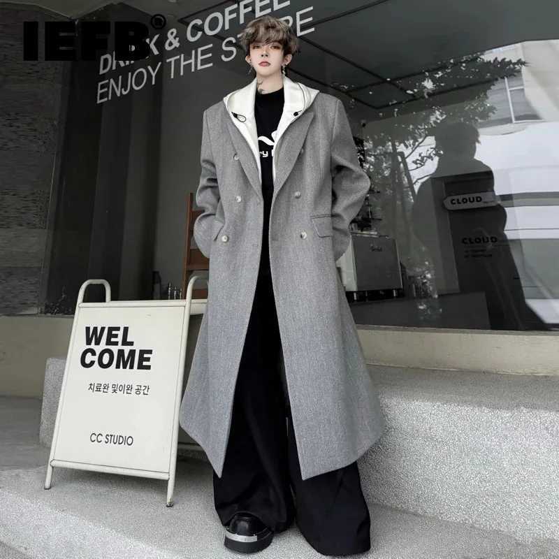IEFB Fake Two-Piece Detachable Hooded Trench Mens Wear Autumn Winter Woolen Mid Length Over Knee Length Coat Trendy 9X1135 M251208