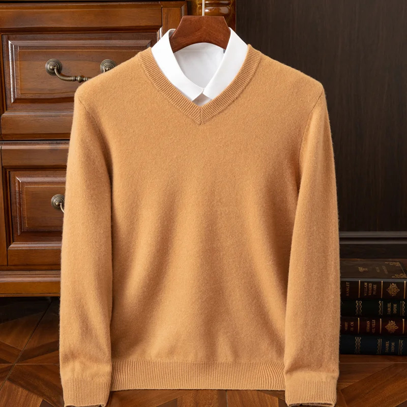 2025 Mens 100 Merino Wool Cashmere V-neck Sweater Pullover Smart Casual Basic Long Sleeve Knitwear Clothes Tops Autumn Winter 251205