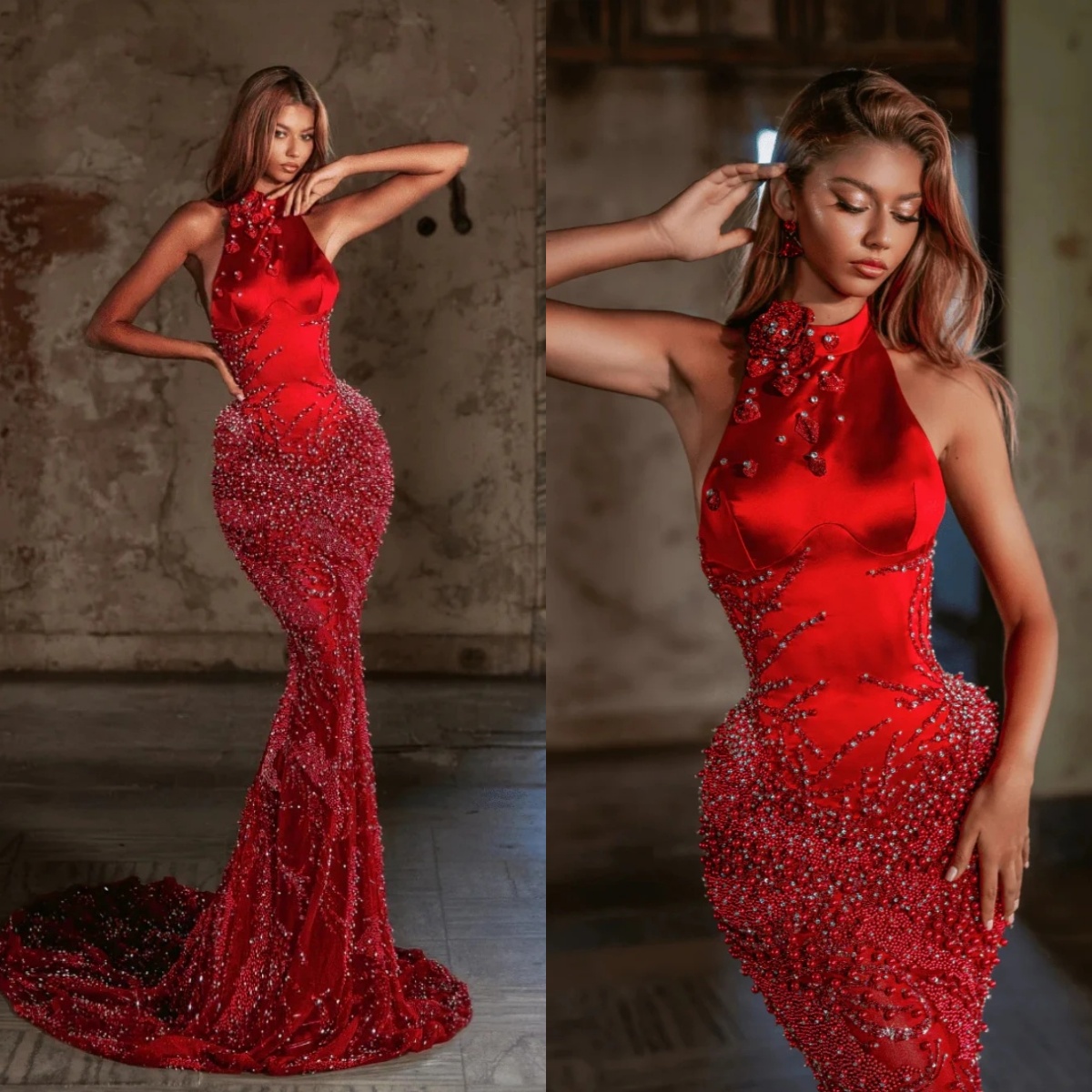 Splendidi abiti da ballo con perline a collo alto Abito da sera elegante con paillettes senza maniche Sweep Train Abito da festa con perline Persona
