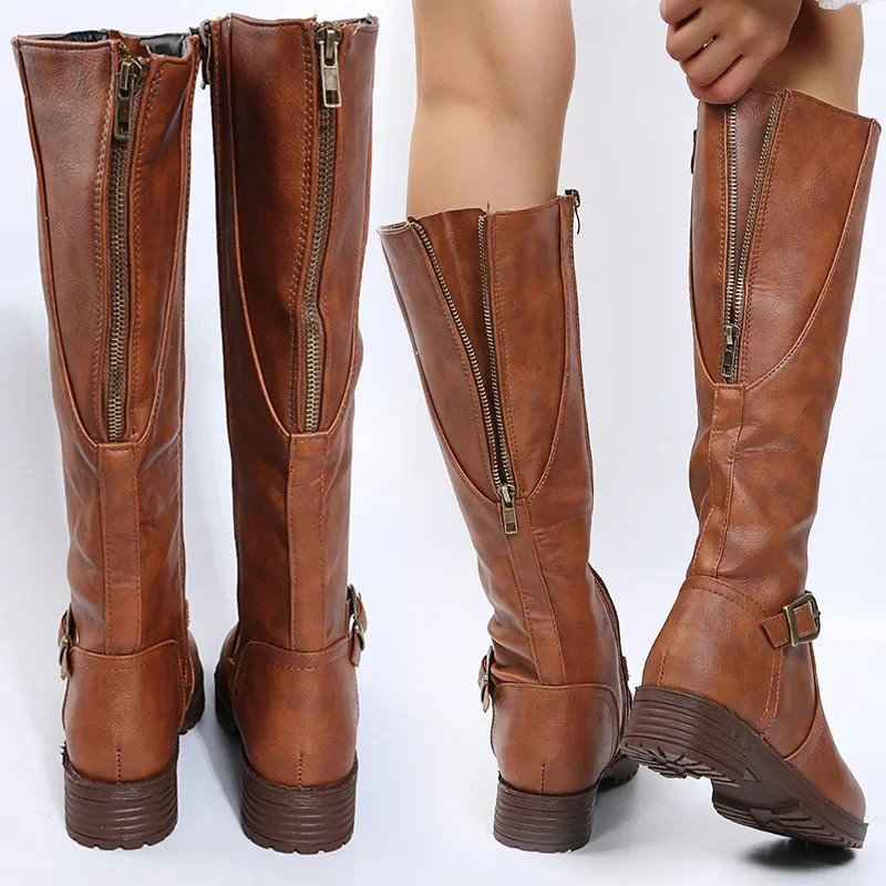 Womens leather boots 2025 Spring and Autumn zipper low heeled long boots Knight boots High heeled womens boots 251201