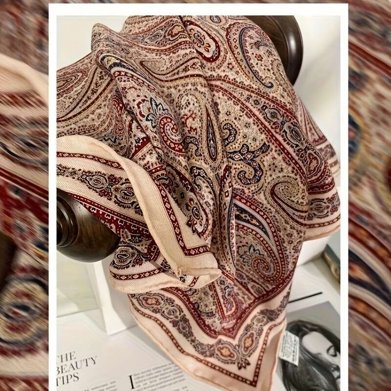 Women's Elegant Square Luxury Paisley Print Neck Wrap In Beige, Brown, Black, All-Season Sophisticated Accessory Formal & Everyday Outfits - Pe