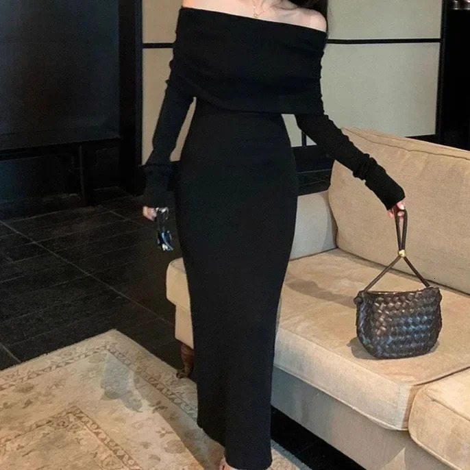 Korean Gentle Long Sleeve Knitted Dress Womens One Shoulder Elegant Slimming Bodycon Skirt Long Length Ankle Dress 251204