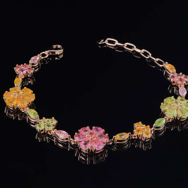 VVS Moissanite Rose Gold Plated 925 Silver Natural Tourmaline Flower Bracelet Elegant High-end Jewelry Bangle for Women Party Gift