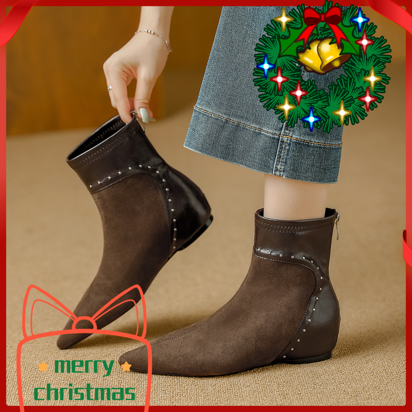 Autumn and winter new suede patch retro women's pointed inner height short boots Christmas gift luxury boots women's comfortable and elega