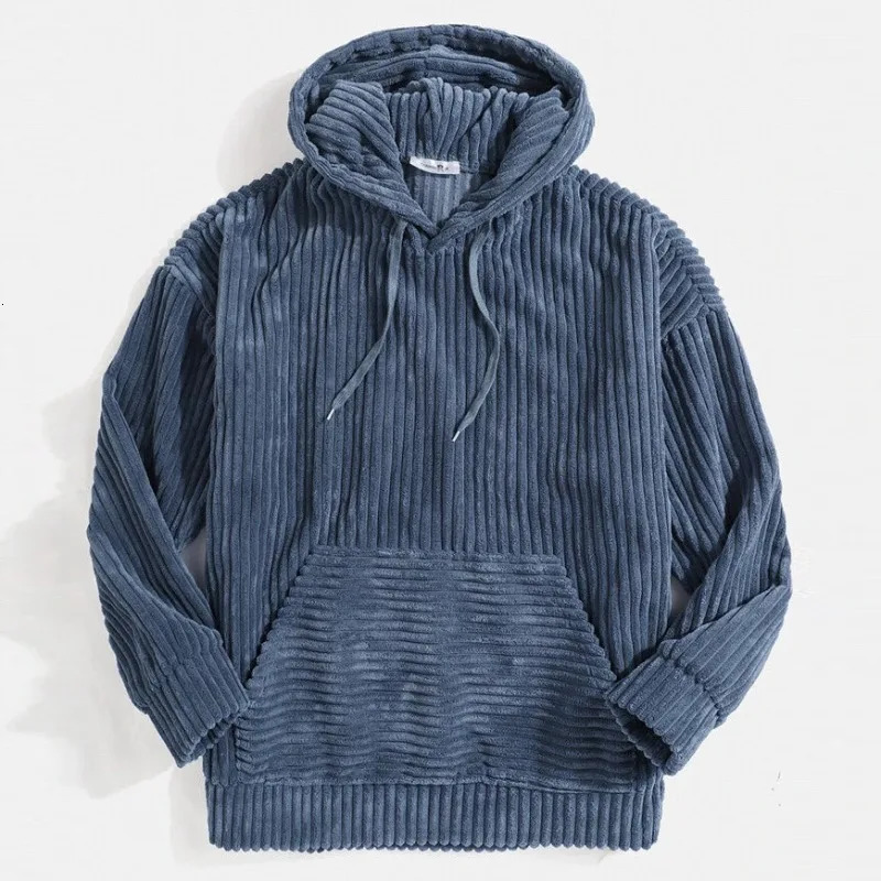 Mens Sweatshirt Thickened Corduroy Long Sleeve Solid Color Kangaroo Pocket Shoulder Hoodie 251204