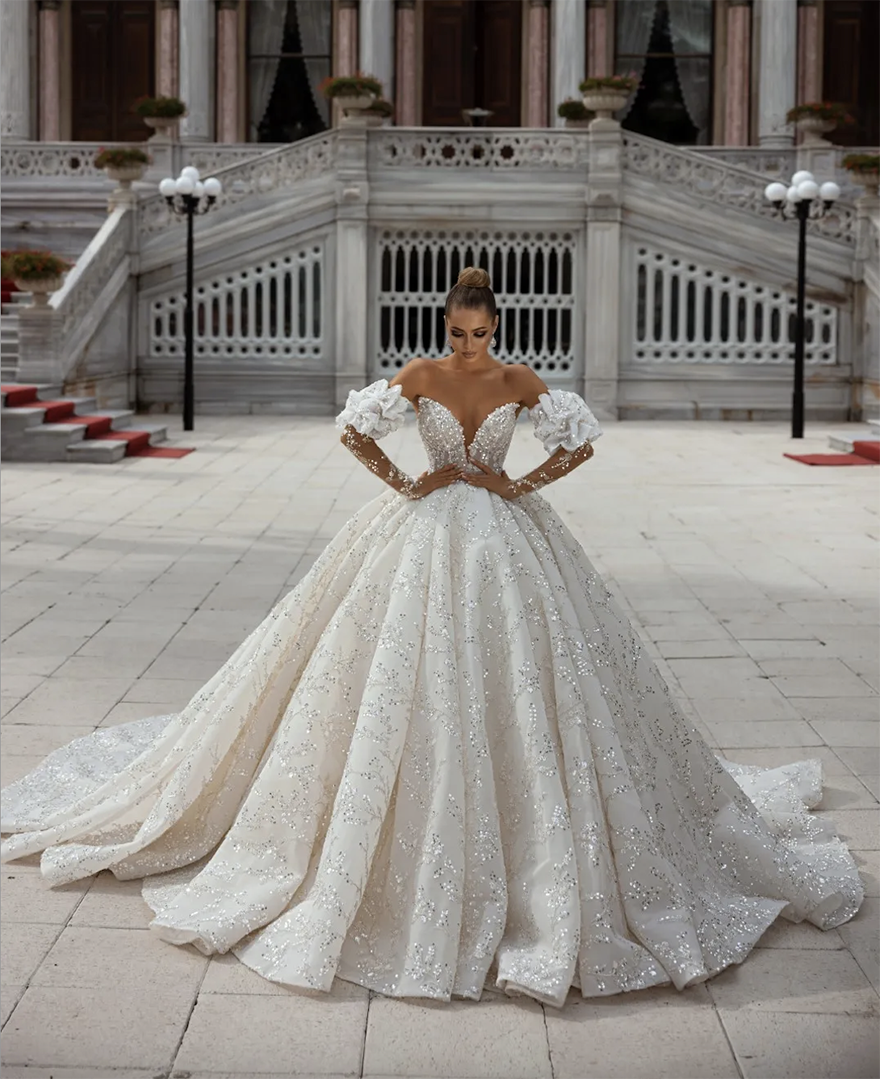 Stunning Beading sequined Pearls Lace Sweetheart Ball Gown Wedding Dress Delicate Appliques Lace Off Shoulder Puff Sleeves Bridal Gowns JK2026