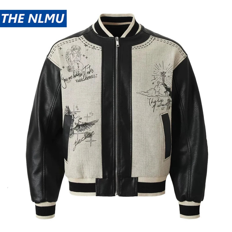 Vintage PU Leather Patchwork Jacket Mens High Street Varsity Jackets Hip Hop Streetwear Trendy Urban Baseball Jackets for Male 251205BJ