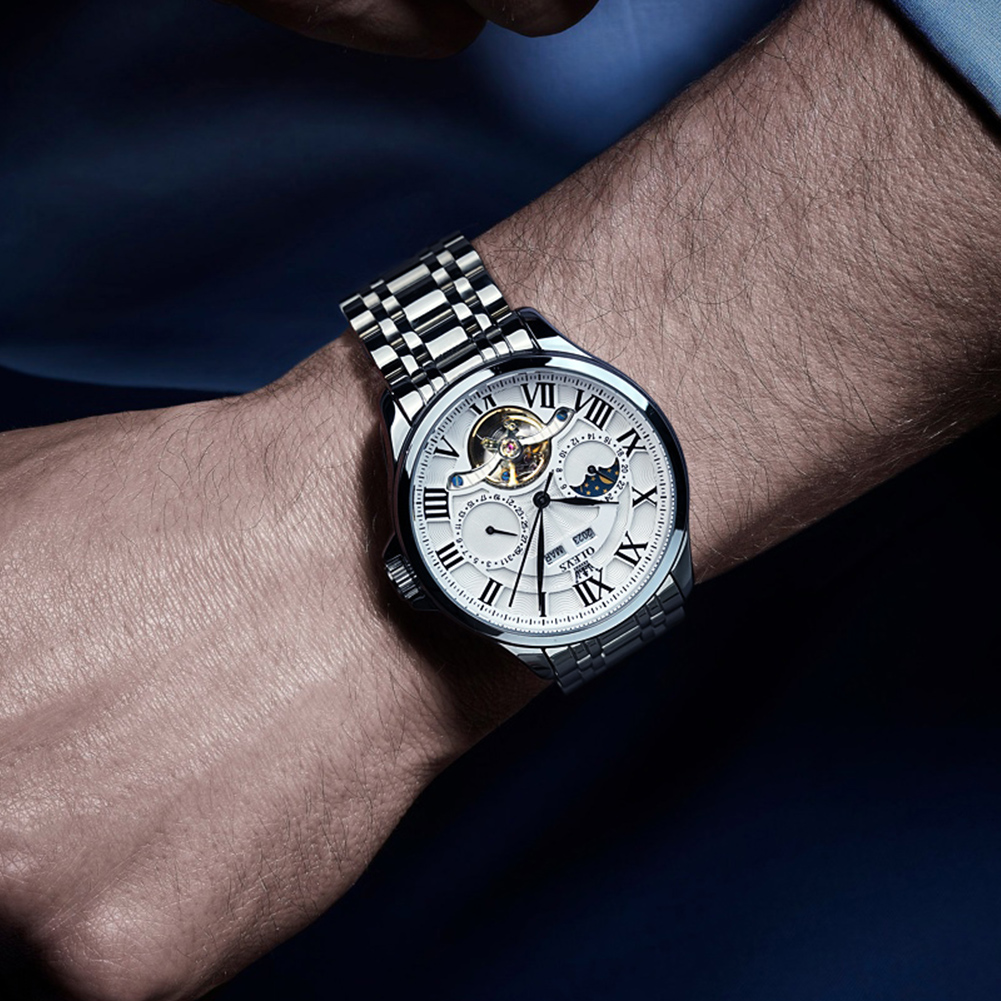 OLEVS designer Luxury Fully automatic mechanical watch, business minimalist dual calendar men's watch Roman Numeral stainless steel watch band
