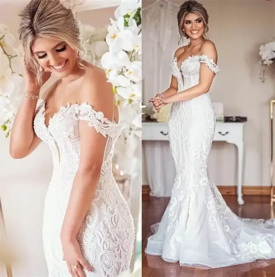 Designer Lace Wedding Dress for bride Plus Size Mermaid Bridal Gowns Vintage Appliqued Off The Shoulder Sexy Lady Marriage Dresses Arabic Aso Ebi Wh