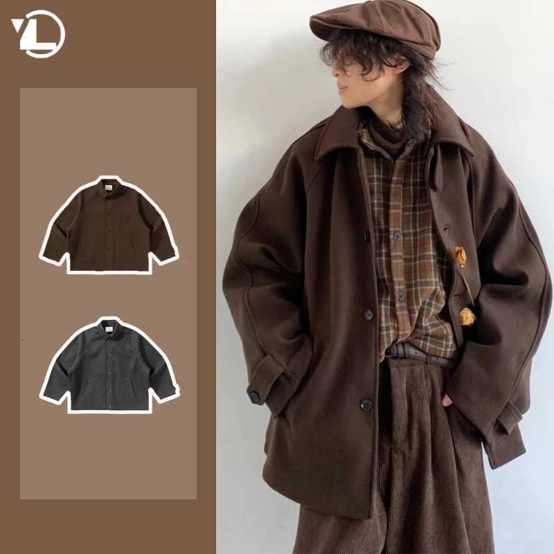 Winter Japanese Retro Woolen Jacket Mens Single Breasted Raglan Sleeves Casual Short Coats Silhouette Design Unisex Outwear M251208