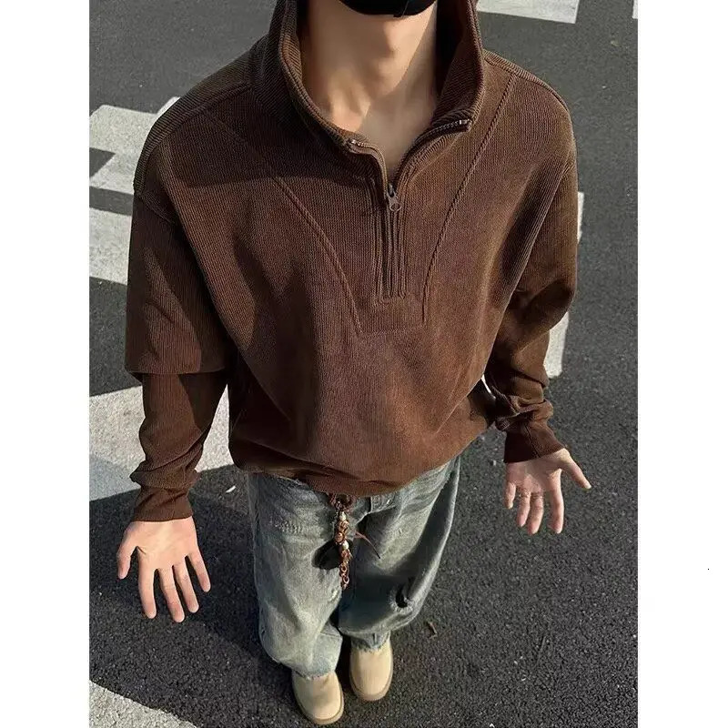 Autumn American Corduroy Retro Zipper Stand Collar Sweatshirt Mens Long Sleeve Top Loose Casual Jacket 251204