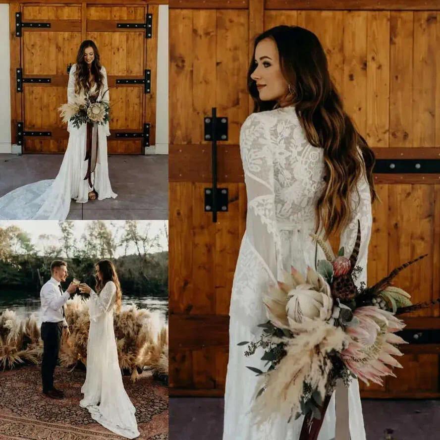 Boho Wedding Dress: Lace Bohemian A-Line Chiffon Long Sleeve Side Split Bridal Gown, Perfect for Beach Weddings
