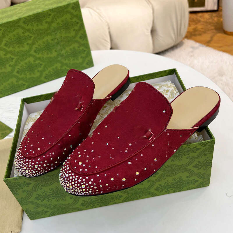 Designer mules womens rhinestone slippers luxury crystal embellished mules designer woman slip-on shoes leather slip-on flats With Box Size 35-42