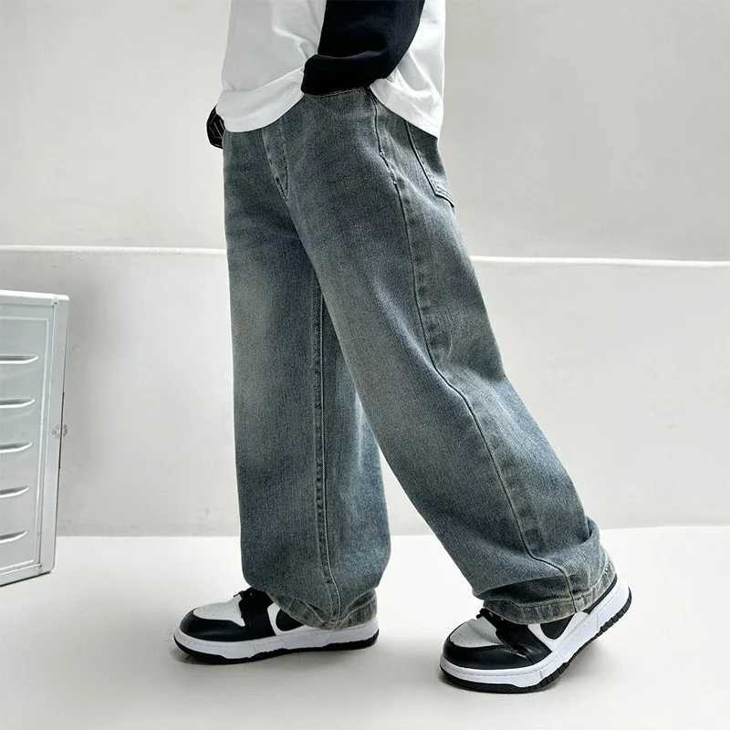 4-12Y Boys Jeans 2025 New Wide Straight Leg Denim Pant Childrens Spring Autumn Big Childrens Handsome Cotton Sports PantsT251208
