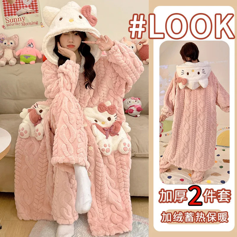 Coral fleece hooded nightgown for womens autumn and winter thickened warm pajamas midlength home wear set 251129