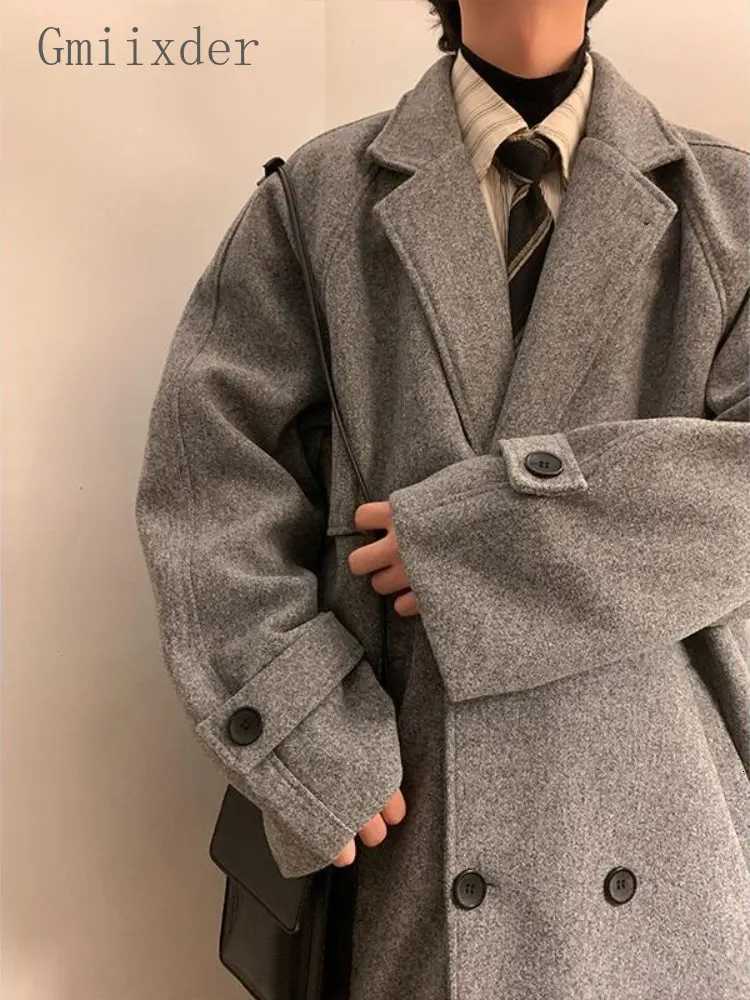Gmiixder Double Breasted Chic Trench Coat for Men Autumn Winter High Street Windbreaker Mens Oversize Medium Length Woolen Coat M251208