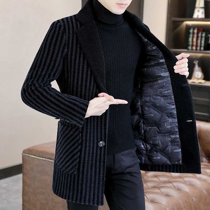 Winter Mens Mid-Length Warm White Duck Down Woolen Coat Casual Striped Thicken Overcoat Outwear Windbreaker Jacket M251208