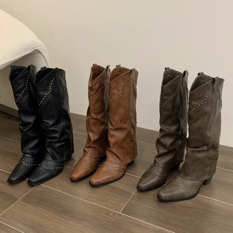 Autumn Winter Women Knee-High Boots Fashion Rivet Western Knight Booties Pointed Toe Square Heels Female Shoes 251204