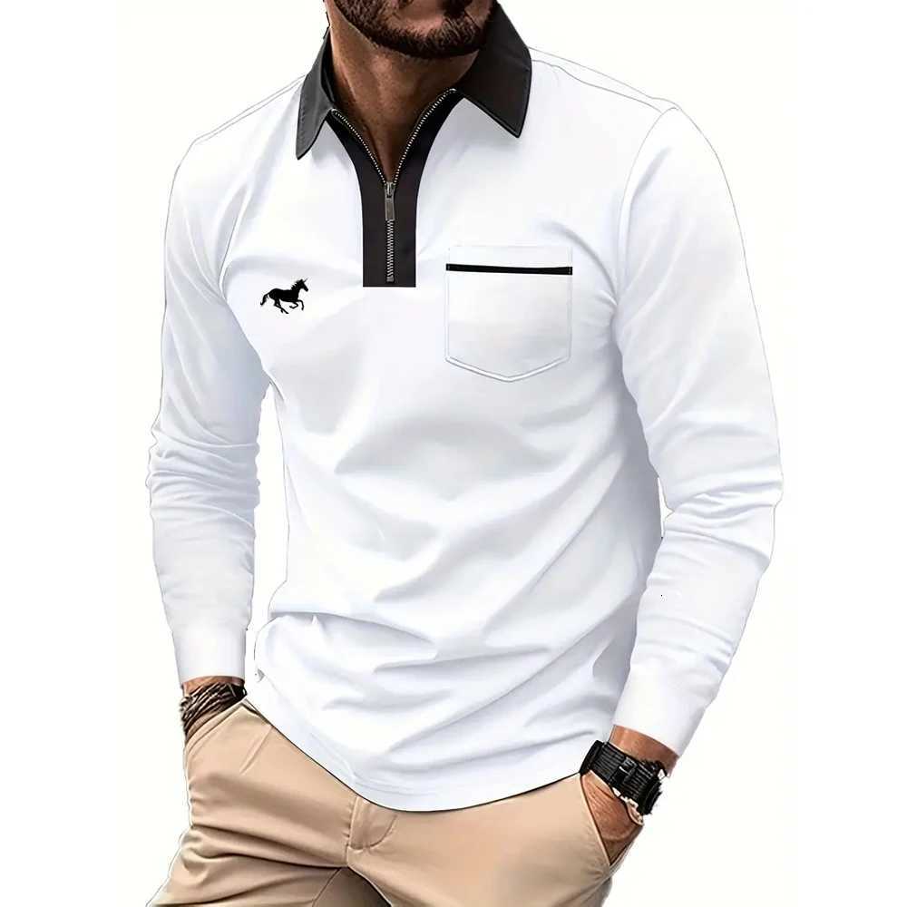 Mens Classic Zip-Up Polo Shirt with Contrast Collar Chest Pocket Long Sleeve Casual Tee Stylish Horse Slim Fit Design W251208