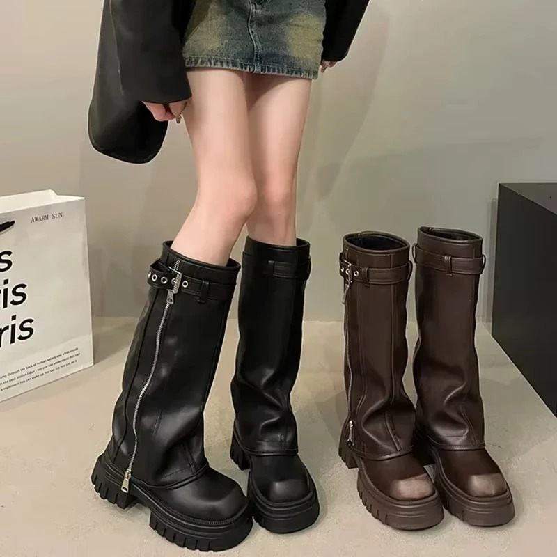 Winter Women Biker Boots Fashion Belt Buckle Ladies Elegant Platform Long Pipe Booties Casual Womens Knee High Booties 251201