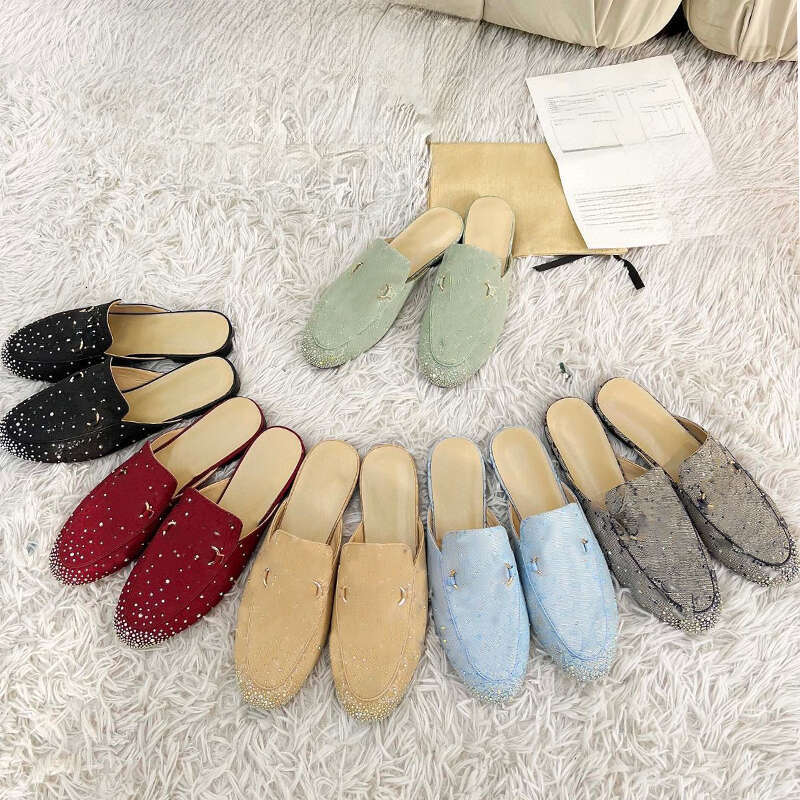 Designer mules womens rhinestone slippers luxury crystal embellished mules designer woman slip-on shoes leather slip-on flats With Box Size 35-42