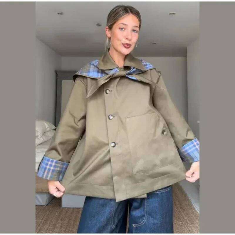 Free Shipping Fashion 2026 Chic Plaid Double Side Coats Women Lapel Single Breasted Long Sleeve Pocket Lace Up Jacket 2025 Autumn Lady Casual Outwea