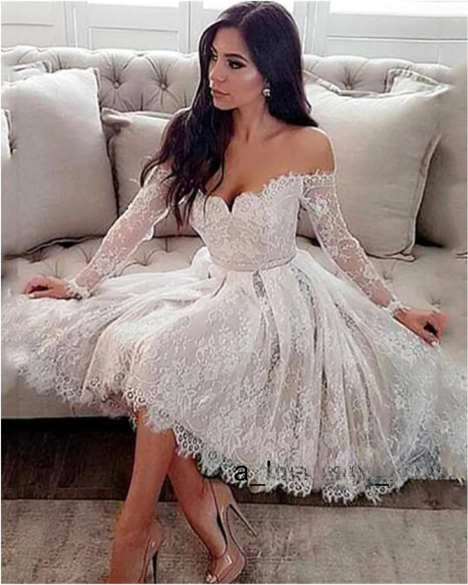 Knee Length Bridal Gowns: Elegant Lace Short Wedding Dress - Off-Shoulder, Knee-Length, Long Sleeve, Illusion Bridal Gown with Belt