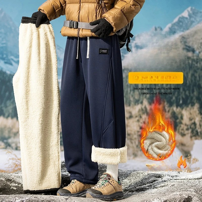 Pantalones con forro polar con cordón para hombre, pantalones Cargo holgados de invierno, adecuados para uso diario, pantalones de pierna ancha cáli